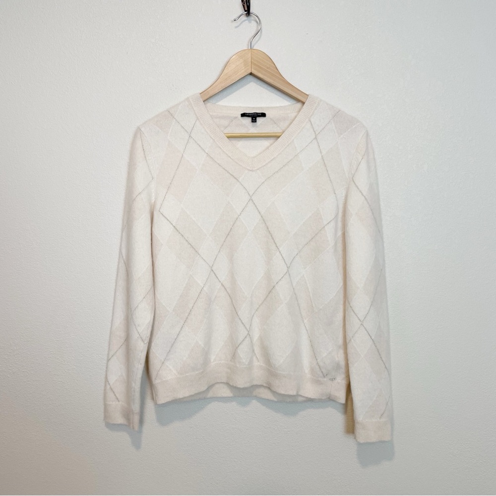 Lafayette 148 New York 100% cashmere argyle V-Neck Sweater | Medium |